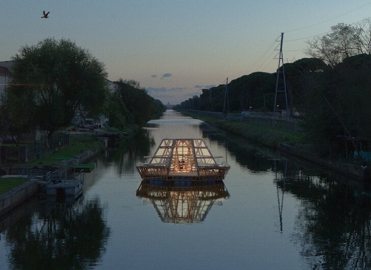 Jellyfish Barge - Studiomobile - Floating Greenhouse - At Night - Humble Homes